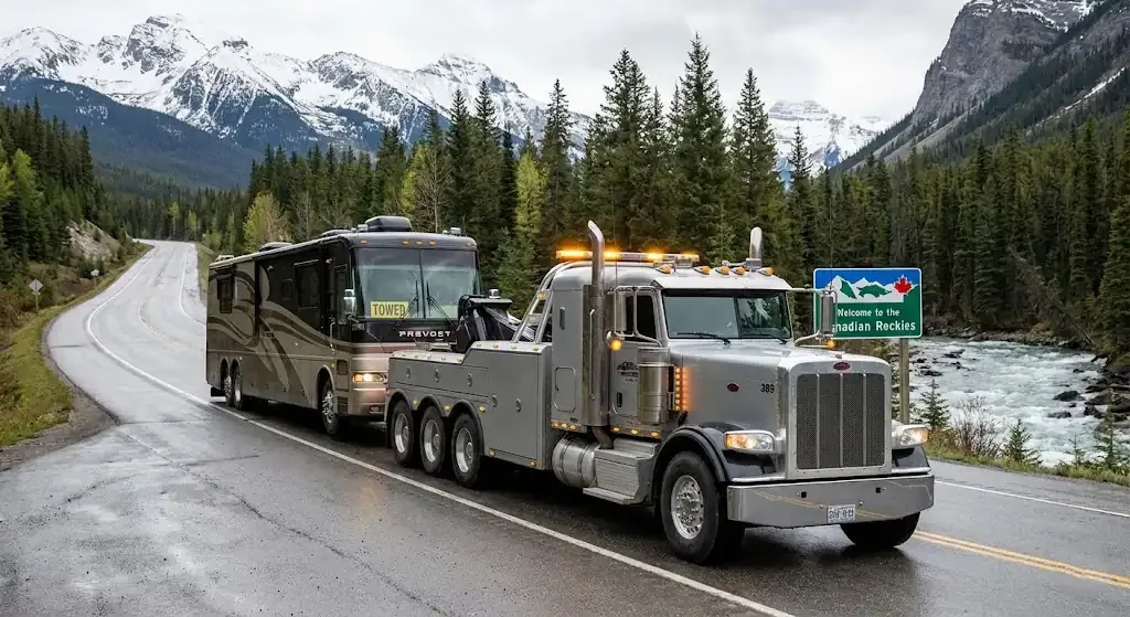 Charlotte heavy-duty tow truck with RV in transport