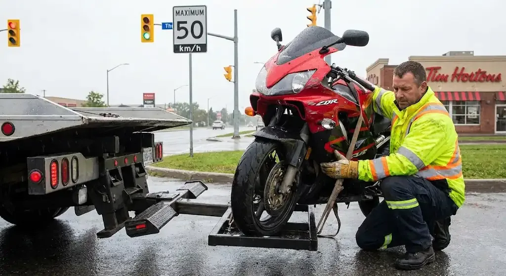 Charlotte motorcycle being safely loaded for transport